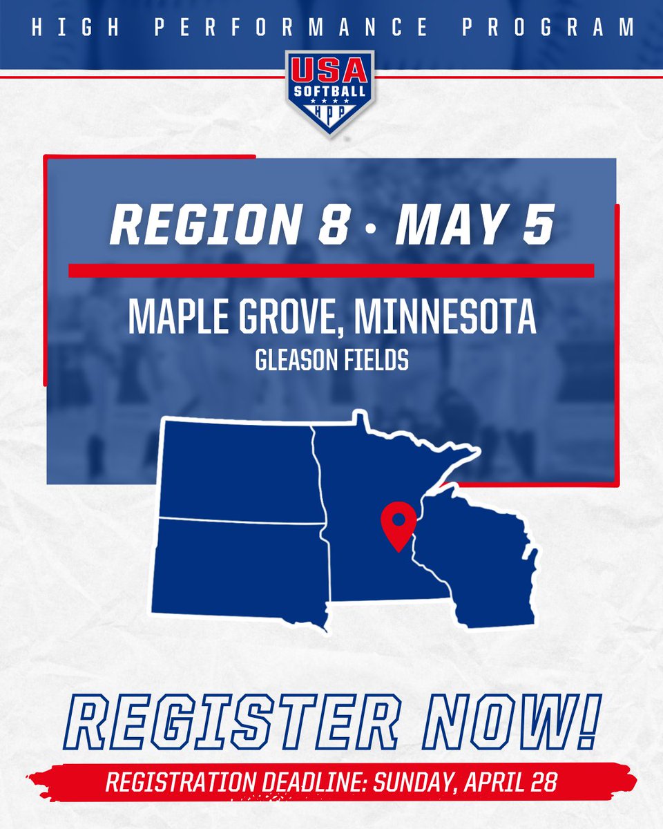 𝗥𝗲𝗴𝗶𝘀𝘁𝗿𝗮𝘁𝗶𝗼𝗻 𝗰𝗹𝗼𝘀𝗶𝗻𝗴 𝘀𝗼𝗼𝗻 ⤵️ 🥎 Region 8 #HPP Identifier — 𝙈𝙖𝙥𝙡𝙚 𝙂𝙧𝙤𝙫𝙚, 𝙈𝙞𝙣𝙣𝙚𝙨𝙤𝙩𝙖 🗓️ Sunday, May 5 𝙎𝙞𝙜𝙣-𝙪𝙥 𝙣𝙤𝙬 → go.usasoftball.com/hpp0505