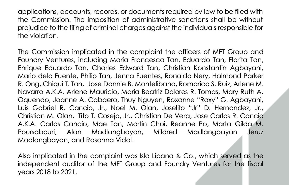 BREAKING: SEC accuses accounting giant PwC Philippines/Isla Lipana of helping conceal financial state of an alleged Ponzi scheme orchestrated by businesswoman Mica Tan's MFT Group. 

PwC PH chair Roderick Danao denies firm's involvement in any illicit activities.