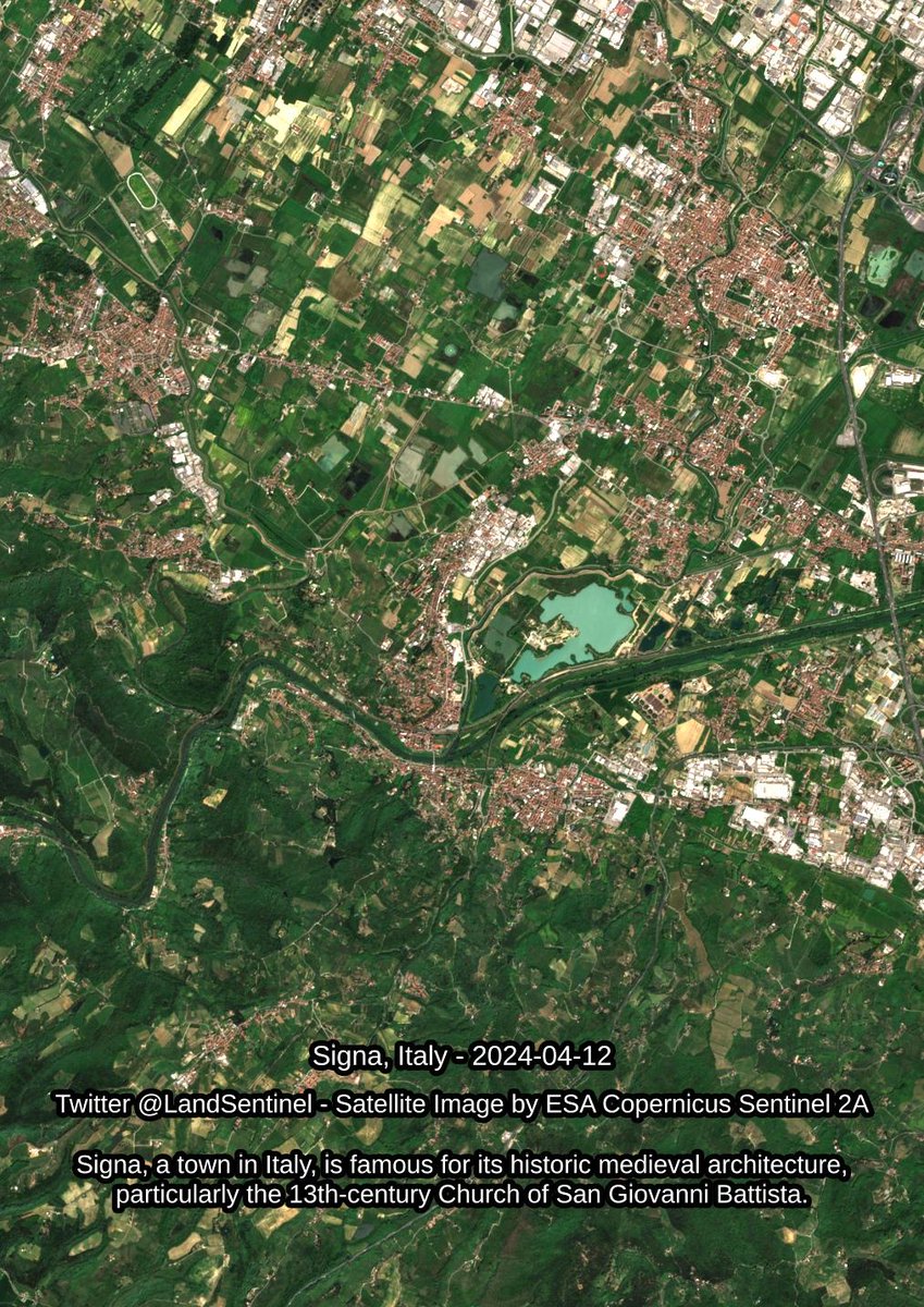 Signa - Italy - 2024-04-12 Signa, a town in Italy, is famous for its historic medieval architecture, particularly the 13th-century Church of San Giovanni Battista. #SatelliteImagery #Copernicus #Sentinel2