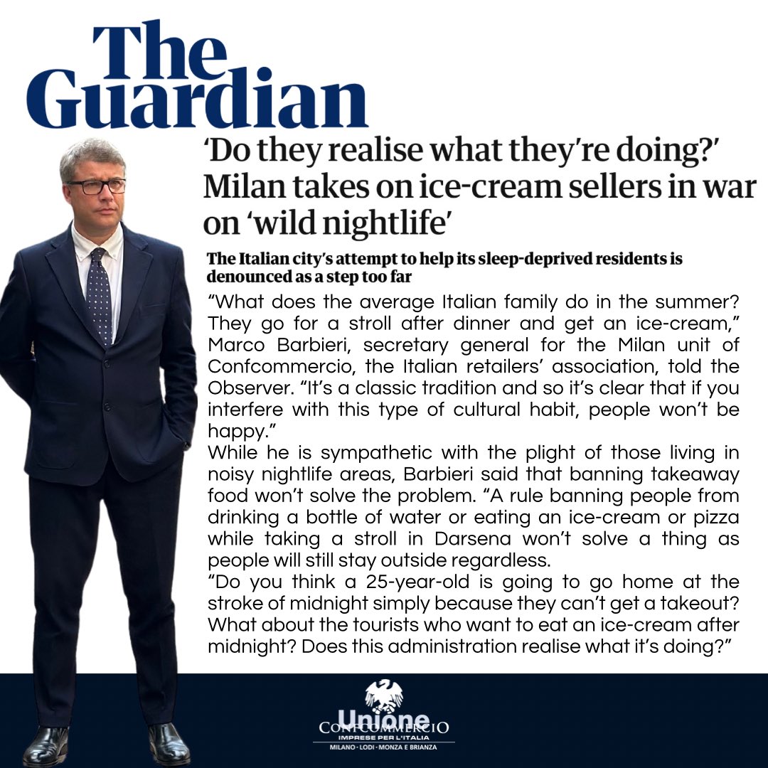 ‘Do they realise what they’re doing?’ Milan takes on ice-cream sellers in war on ‘wild nightlife’
The Italian city’s attempt to help its sleep-deprived residents is denounced as a step too far.

L’articolo completo: theguardian.com/world/2024/apr…