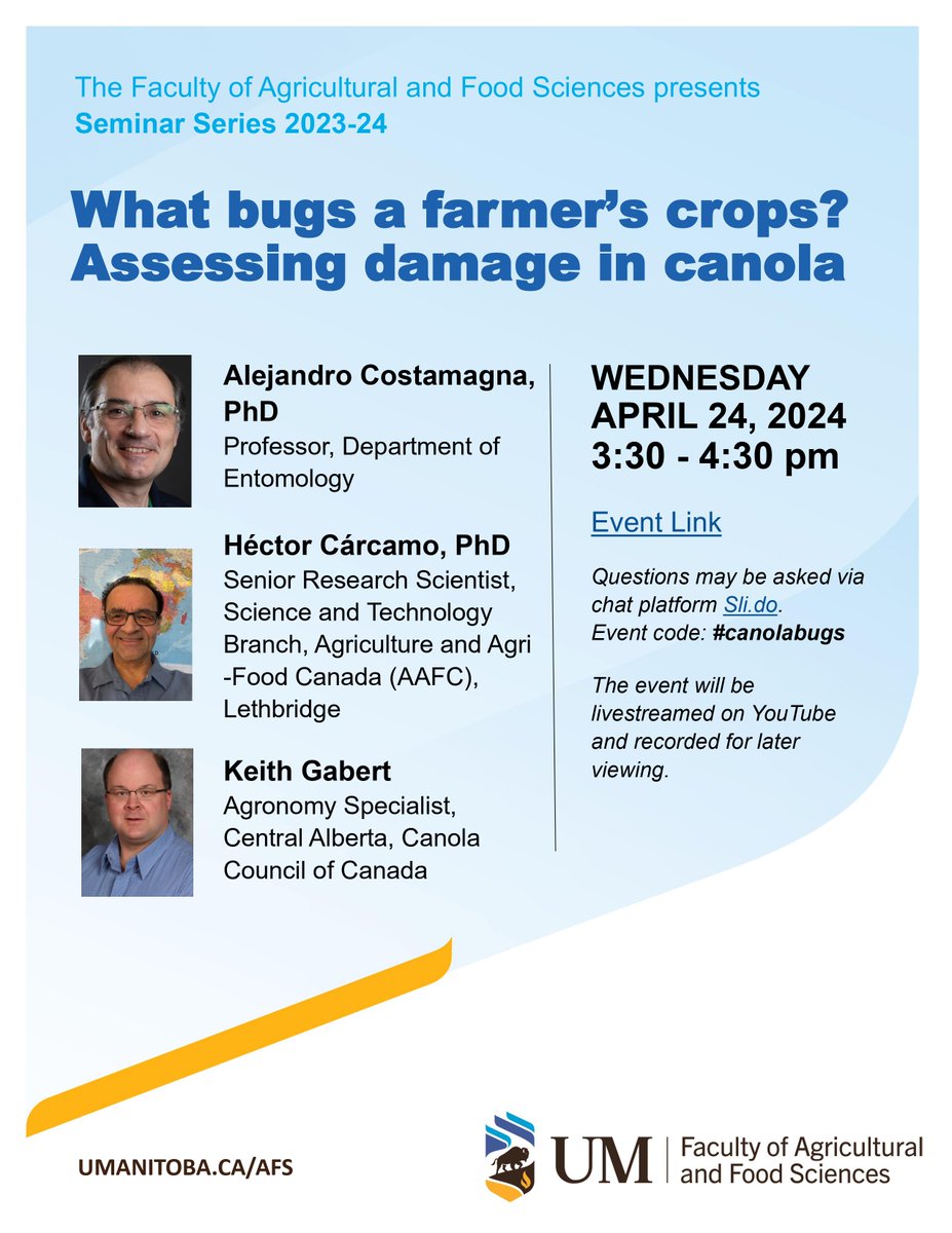 What bugs a farmer’s crops? Join @UM_agfoodsci's virtual seminar on assessing damage in canola this Wednesday (more details below). This event will be livestreamed on the Faculty’s YouTube channel (youtube.com/playlist?list=…) and recorded for later viewing. Event code #canolabugs