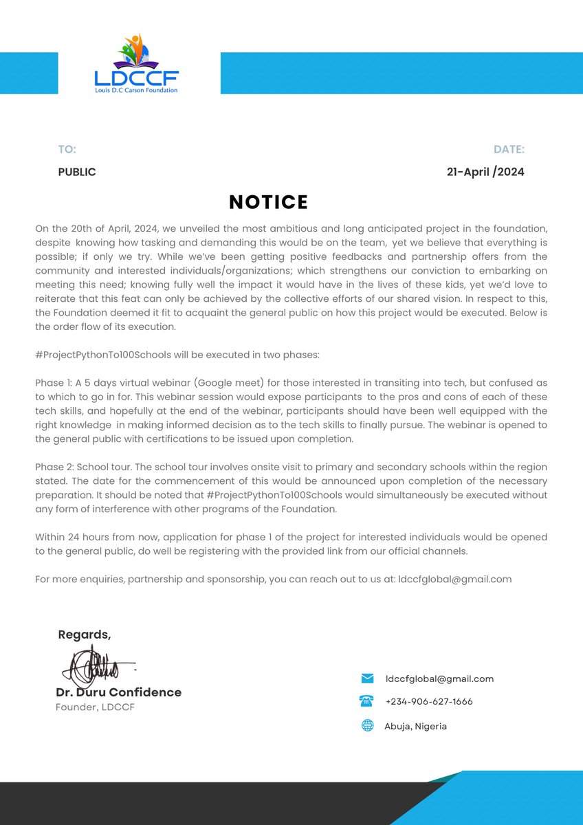 In respect to the unveiling of #ProjectPythonTo100Schools, please find below the details to its execution.

#sdg4 #QualityEducation #ldccf #tech #innovation #partnership