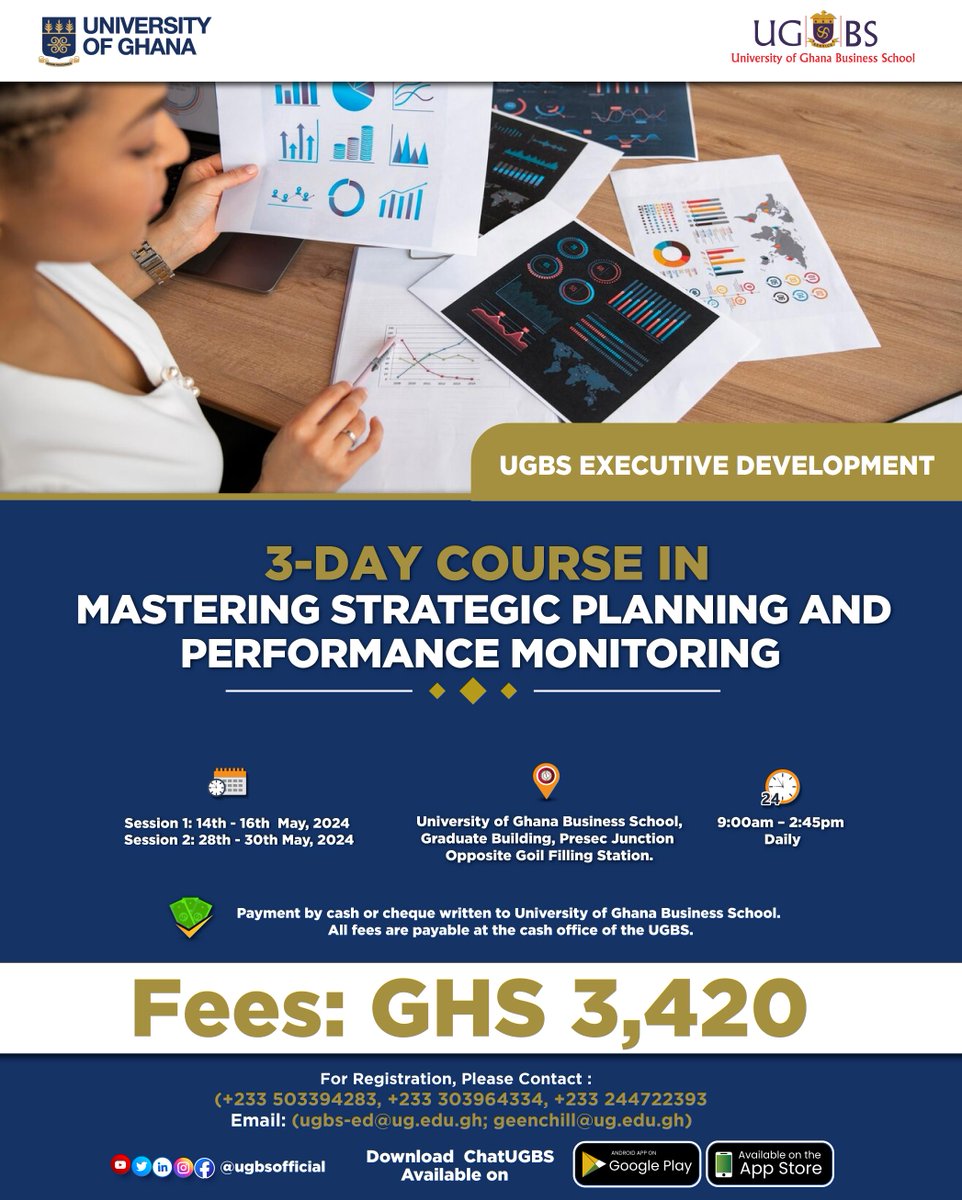 Register for our 3-day UGBS Executive Development short course in Mastering Strategic Planning and Performance Monitoring.

Full details are available on the flyer.

#UGBS #UGBSED #ShortCourse