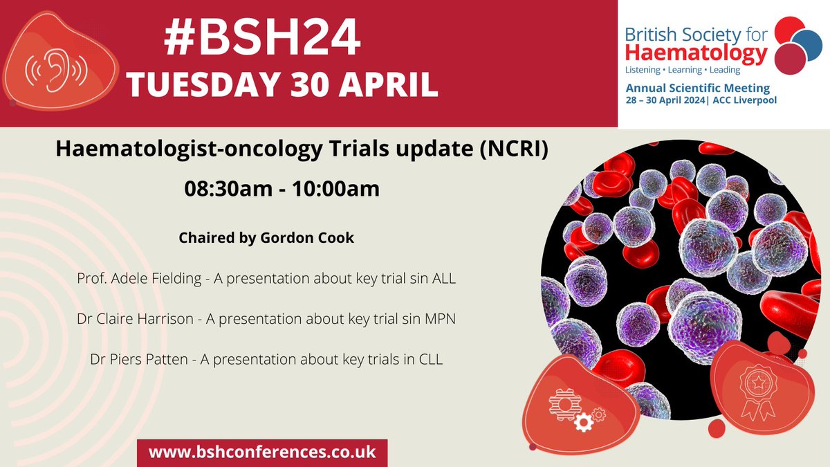 Gordon Cook chairs Haematologist-oncology Trials update (NCRI) session on Tuesday 30 April at our #BSH24 #ASM in Liverpool with presentations from past BSH President Prof. Adele Fielding, Dr Claire Harrison and Dr Piers Patten ow.ly/o09p50QTwlp