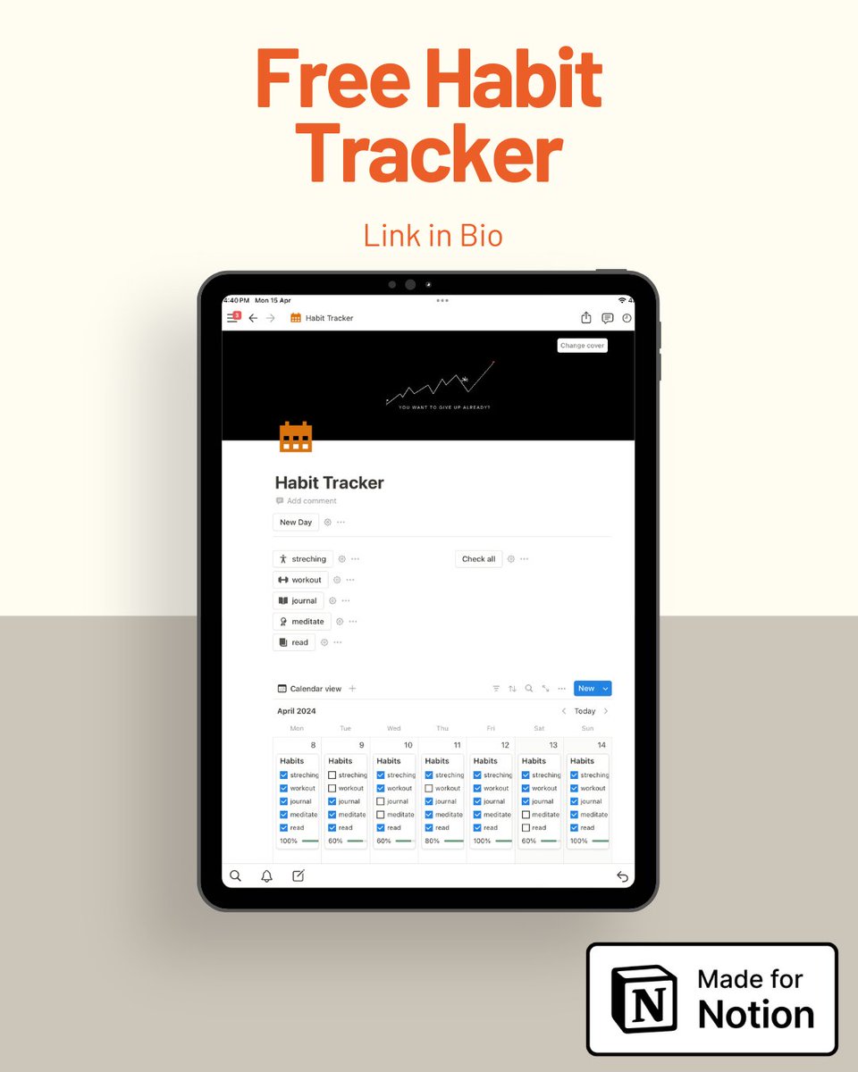 beorganized11's tweet photo. Notion Habit Tracker Template 🚴

- Track daily habits visually 📆
- Instantly see your streaks 🔥
- Built-in habit suggestions 🧠
- Customized to your routine 🛌

Get the free template in my Bio https://t.co/07B3VuLgeW