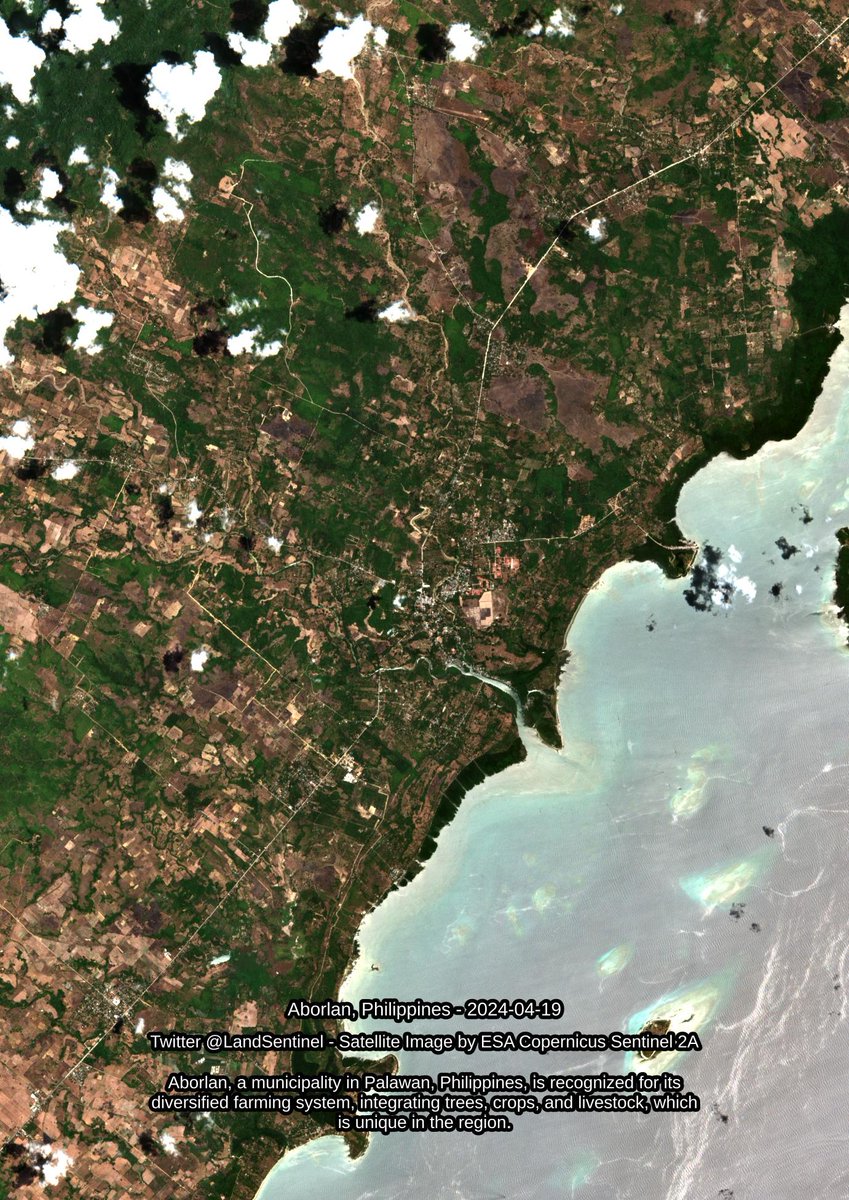 Aborlan - Philippines - 2024-04-19 Aborlan, a municipality in Palawan, Philippines, is recognized for its diversified farming system, integrating trees, crops, and livestock, which is unique in the region. #SatelliteImagery #Copernicus #Sentinel2