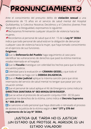 Comparto la denuncia hecha por la Colectiva Nosotros Decidimos sobre el caso de una violación sexual en el hospital de Quillabamba a una menor de edad por personal médico.