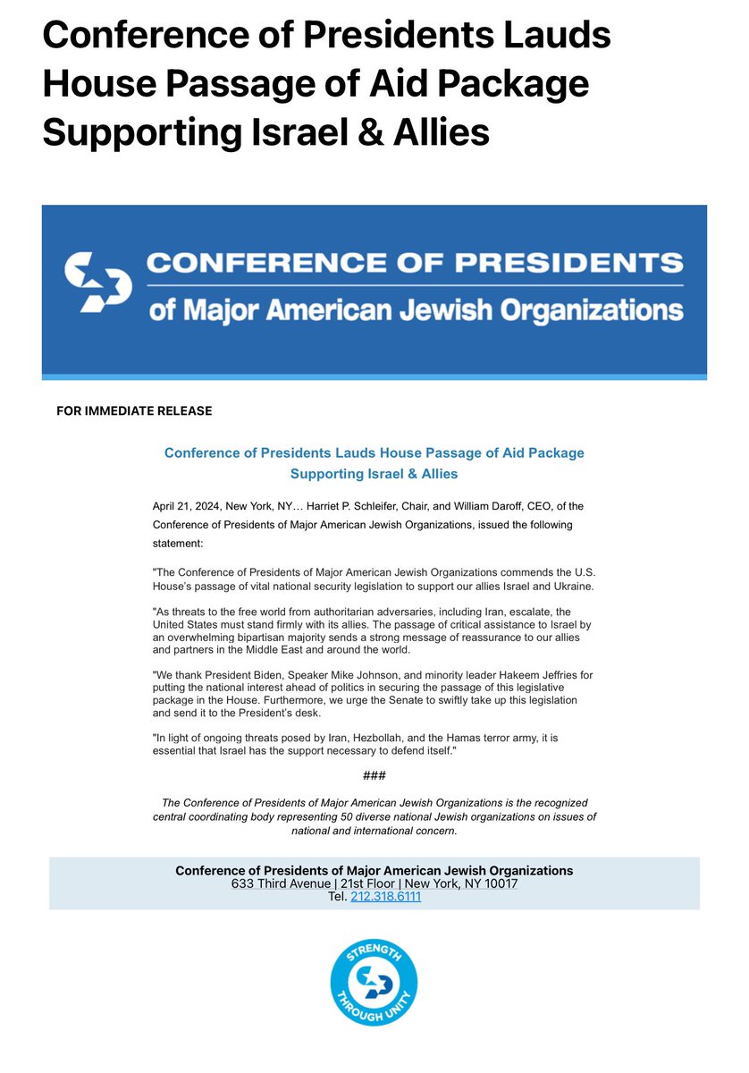 The Conference of Presidents of Major American Jewish Organizations commends the U.S. House’s passage of vital national security legislation to support our allies Israel and Ukraine. @Conf_of_Pres