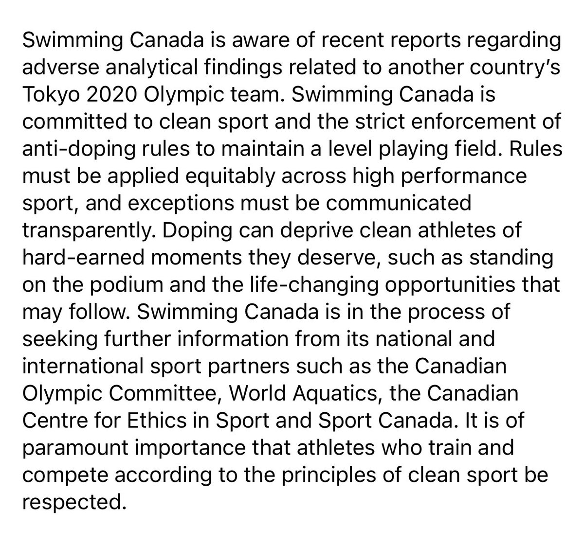 “Rules must be applied equitably across high performance sport, and exceptions must be communicated transparently.” Swimming Canada issues lengthy statement just now in the wake of reports 23 Chinese swimmers tested positive ahead of Tokyo Olympics. Here’s the full statement: