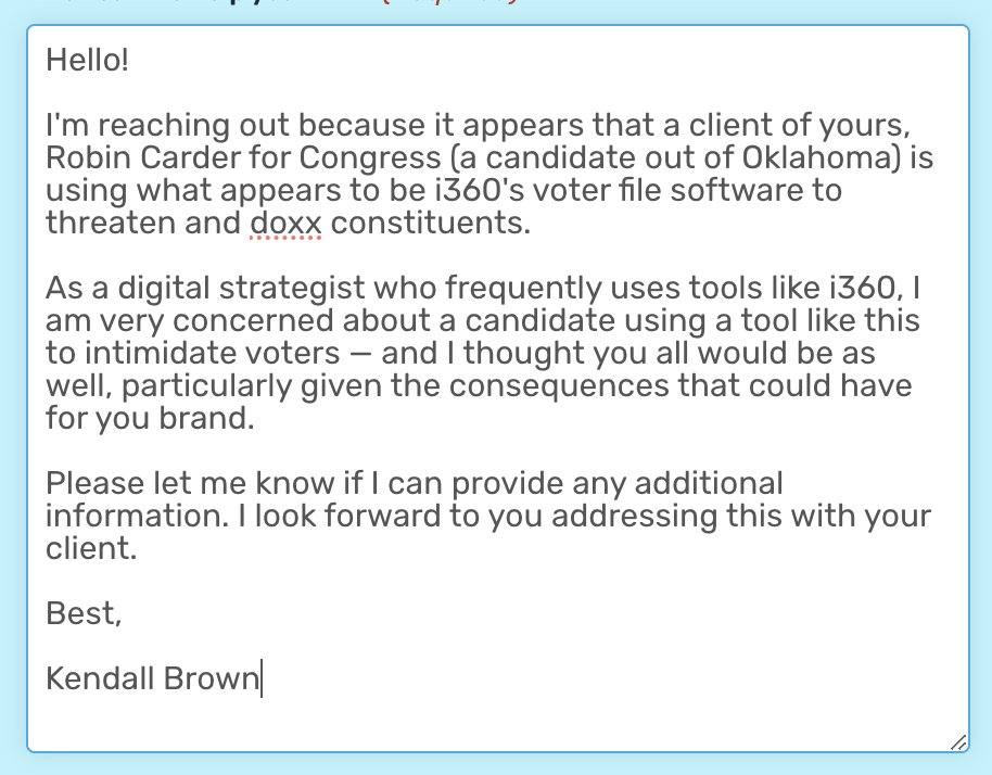 That sure looks like @i360_US's voter portal software.

How do you think they'll feel about a client using their software to threaten & doxx constituents, Robin?

Let's find out, shall we?