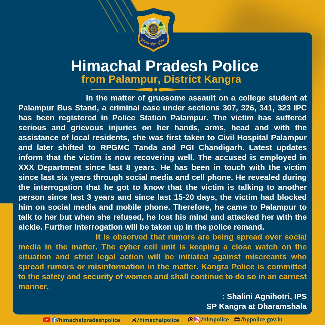 himachalpolice's tweet photo. #PressRelease #HPPolice 
It is observed that rumors are being spread over social media in the matter. The cyber cell unit is keeping a close watch on the situation and strict legal action will be initiated against miscreants who spread rumors or misinformation in the matter. https://t.co/RSmUkvDsSE