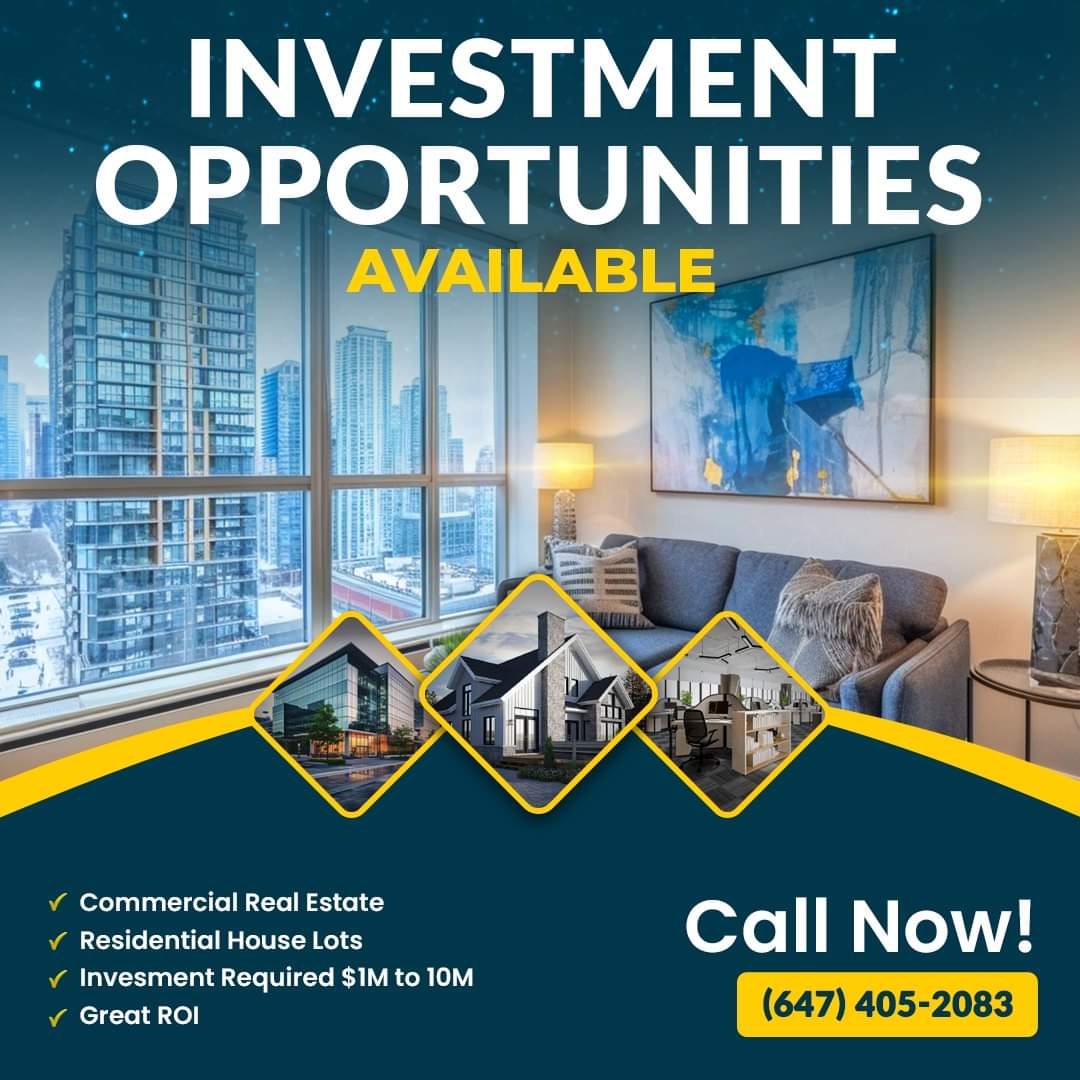 INVESTMENT OPPORTUNITIES AVAILABLE 📌 Commercial Real Estate 📌 Residential House Lots 📌 Investment - $1 M to 10M 📌 Great ROI Don't wait grab the opportunity now! Call (647) 405-2083 #CommercialRealEstate #ResidentialHouseLots #CanadaRealEstate #Canada #RealEstate