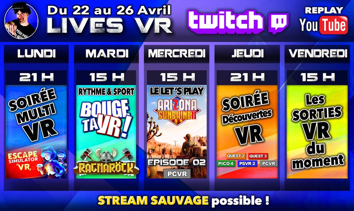 📣 Salut à TouteZetaTousse ! ⏰ PLANNING du 22 au 26 Avril 2024 🔴 Mes réseaux : linktr.ee/VirtualGo #twitch #YouTube #vr #virtualreality #realitevirtuelle #Quest3 #ValveIndex #Psvr2 #PCVR #MR #BougeTaVR #letsplay