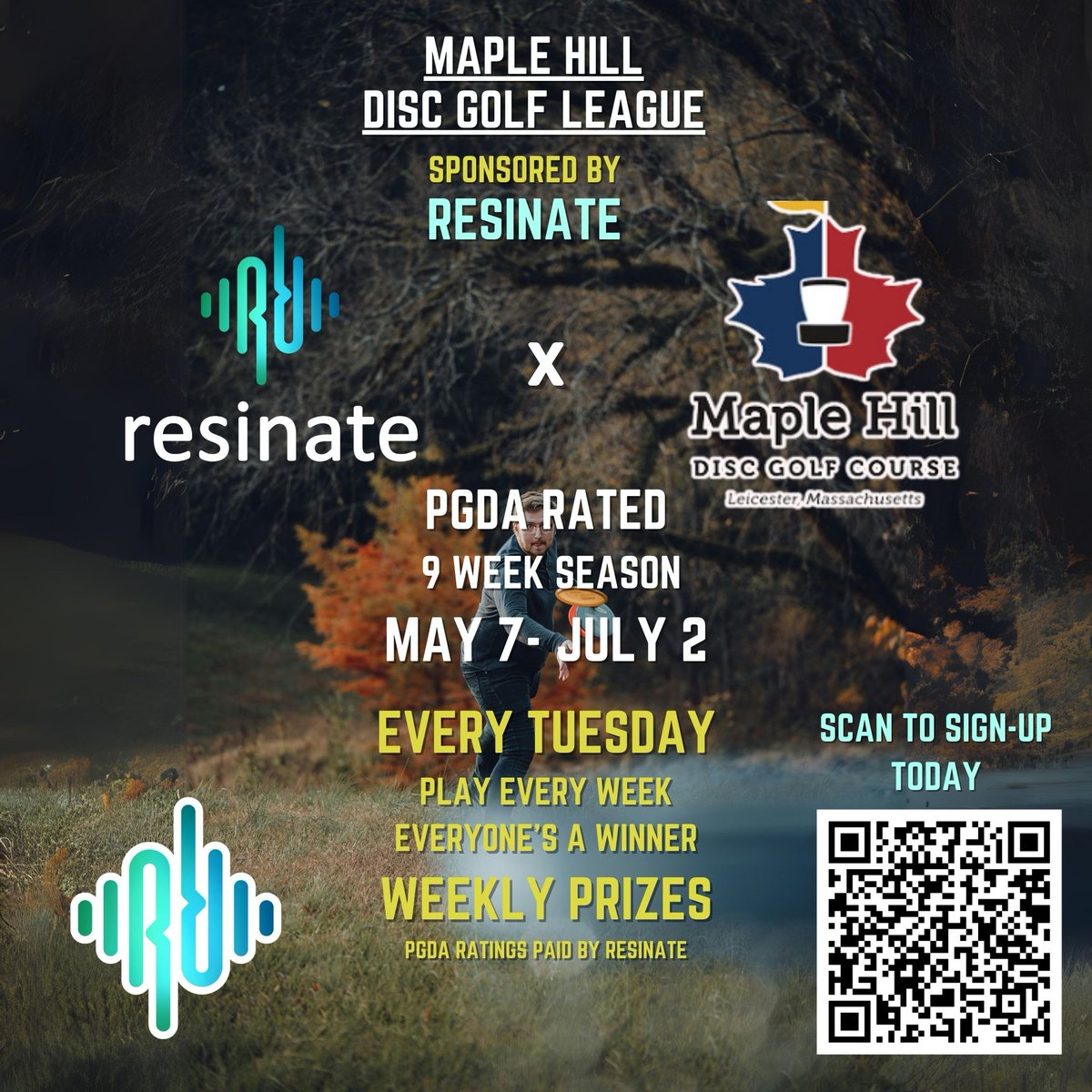 Resinate joins the world's top-rated disc golf course, Maple Hill to bring you a league of its own! Starting May 7th. Sign up today! 💚🌞😎

#resinate #maplehill #discgolf #league #worcester #massachusetts