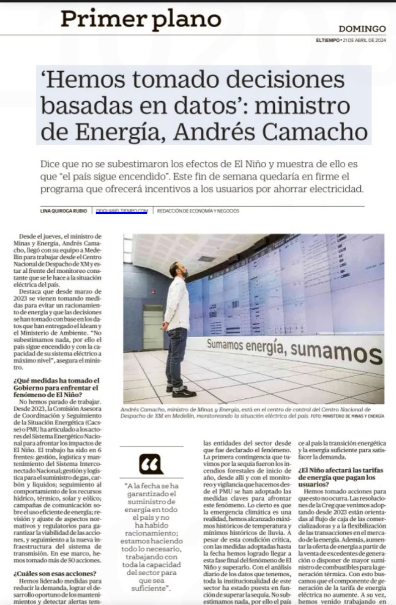 andrescamachom_'s tweet photo. Hoy en entrevista en @ELTIEMPO, explicamos las acciones que venimos trabajando para afrontar la emergencia climática y prevenir racionamiento. 

Esta semana, continuaremos trabajando con alcaldes, gobernadores, empresas y comunidades porque #JuntosPodemosSuperarlo

#SeNotaElCambio