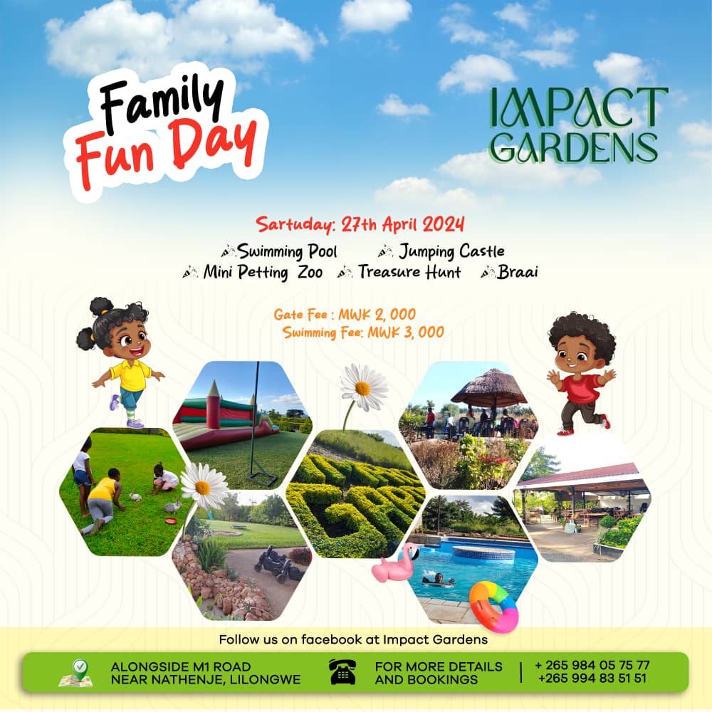 Let's all meet at IMPACT GARDENS for the FamilyFunDay

Activities include
Swimming 
Animal petting
Games
Braai and many more

CHARGES: 
Gate Fee   MWK 2000 
Time:9Am to 6Pm