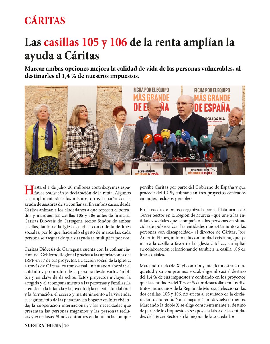 Esta semana, en NUESTRA IGLESIA, explicamos cómo los contribuyentes podemos colaborar con Cáritas en nuestra declaración de la #renta2023. Puedes leer este 📄artículo y la 📖 revista completa en diocesisdecartagena.org/nuestra-iglesi…