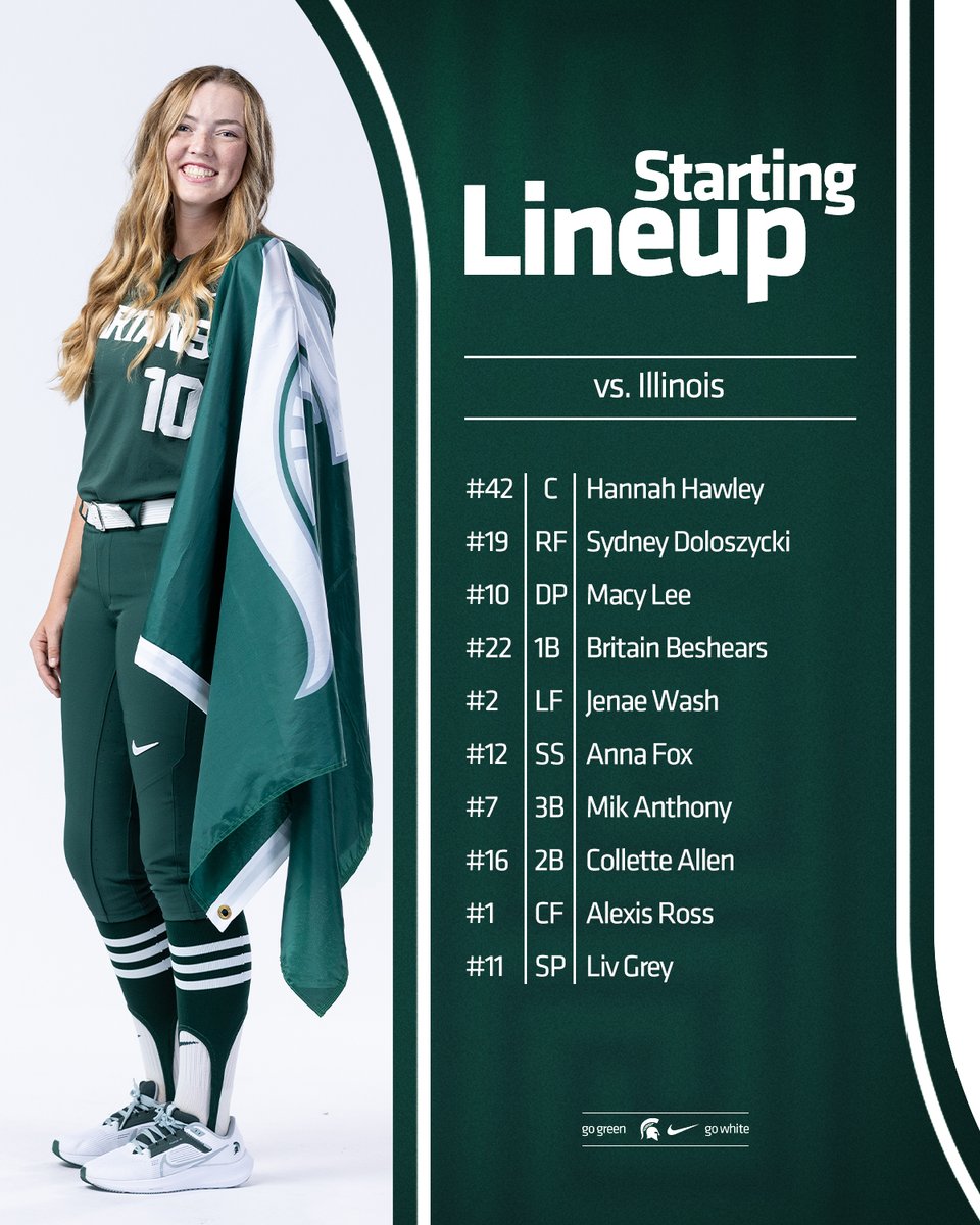 Spartan starters for series finale Sunday at Secchia!

Follow along live starting at 1:00 p.m. ⬇️

💻: sprtns.co/3JpizKh
📻: sprtns.co/4aPTKDq
📊: sprtns.co/3w1Uztv

#GoGreen | #SpartanUp