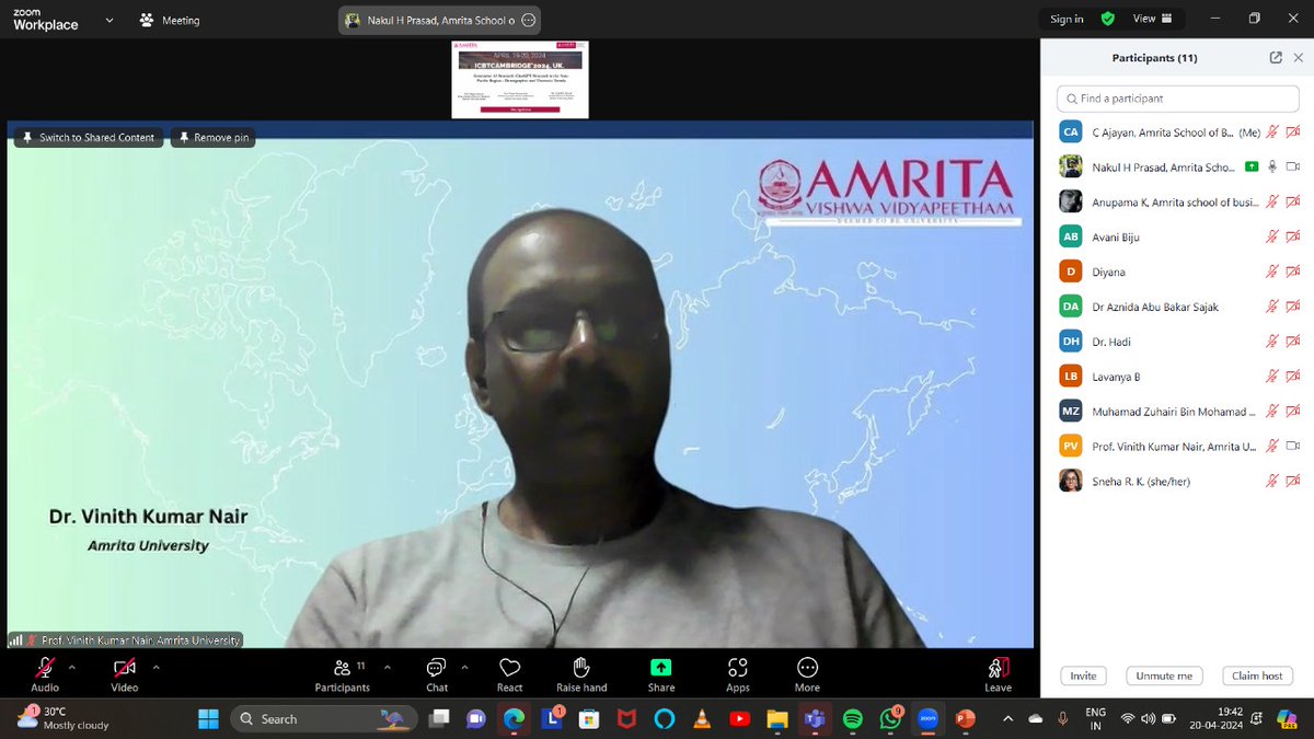 Dr. Vinith Kumar Nair and Mr. Nakul H Prasad presented 'Generative AI Research: ChatGPT Research in Asia-Pacific' co-authored with Prof. Raghu Raman at ICBT Cambridge 2024, University of Cambridge, UK on April 20th, 2024.
#amritapurimba #asbamritapuri 
#proudamritians
