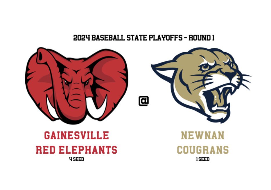 Round 1 - STATE PLAYOFFS!!! Thursday (April 25th) @NewnanBaseball: Game 1 will start at 4:00. Game 2 will start 30min after GM 1. Game 3 (if necessary) - 6:00 Friday. 🔴🐘⚾️ @goredelephants #GBR #GoBigRed #AProudTradition #TraditionLivesOn #GoBigRed #GainesvilleHSBaseball