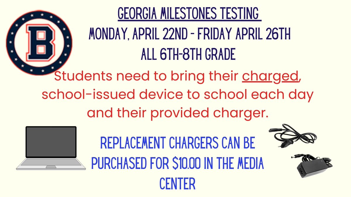 '🔌 Stay connected! Monday’s important testing day is all about teamwork. Don’t forget to bring your fully charged Chromebook to keep us linked and ready to succeed together. Let’s make it happen! 💪 #WeAreConnected #TestPrep'