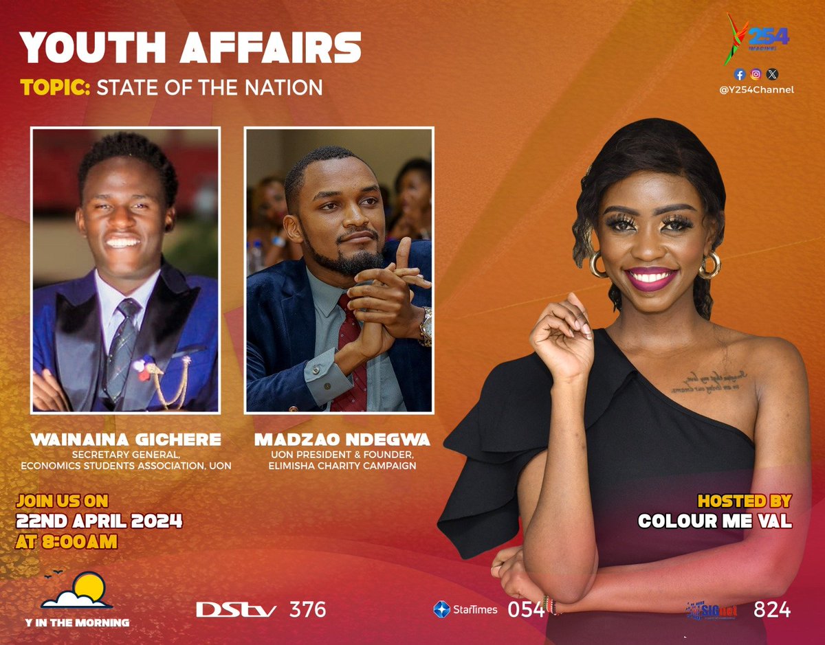 Tune in tomorrow morning for #YInTheMorning with Stephanie Ayieta, Brian Sakwa and Colour me Val as they discuss politics, youth and career. ^NK