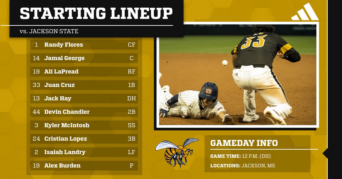 Today's @bamastatebb@go starters for game 1 🆚 @GoJSUTigersBSB..First pitch at noon, #SWARMAS1