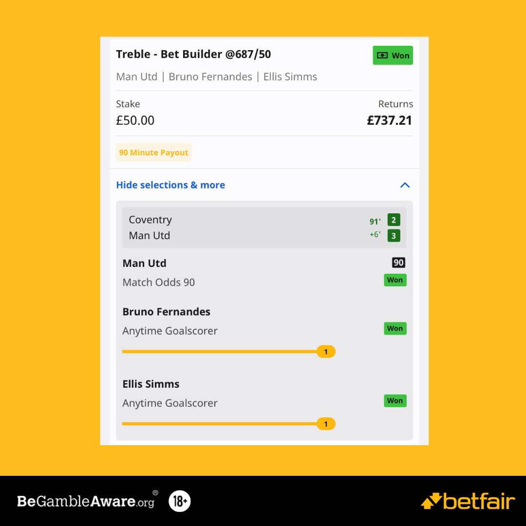 Our #90Min payout comes to the rescue for the @talkSPORT charity Bet Builder 🦸‍♂️ ✅ Man Utd to win (90min) ✅ Bruno Fernandes to score ✅ Ellis Simms to score £50 ⏩ £737.21 The charity pot for the season is now £2,604 #EmiratesFACup | #COVMUN