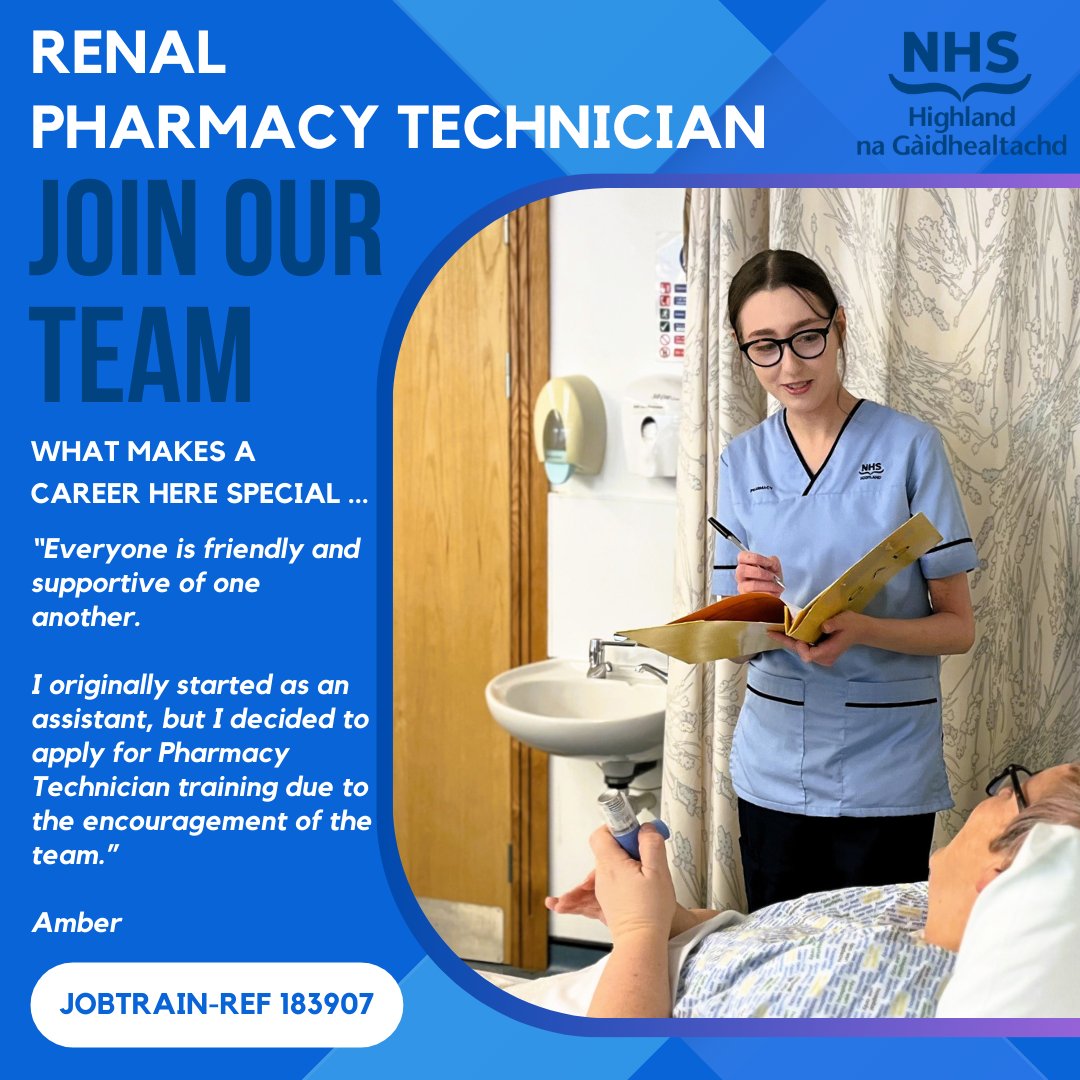 🏥 Raigmore Hospital is seeking a dedicated Renal Pharmacy Technician to support individuals with kidney disease. If you're ready to contribute to a friendly team, apply today! Search - apply jobs scot nhs uk and use ref 183907 #JobOpening #HealthcareCareers