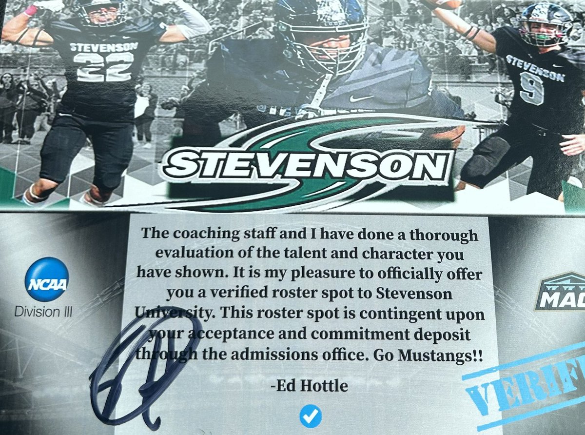 Blessed to receive my first college offer from Stevenson University!! @edhottle1 @CoachBatts @CoachBrownDB @BigBreen51 @FBConcordiaPrep @SUMustangFB