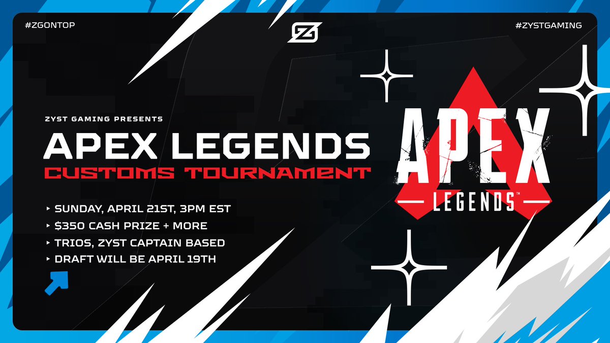 APEX CUSTOMS TOURNEY DAY! 🏆

See you at 3pm EST!

twitch.tv/ZysTGaming