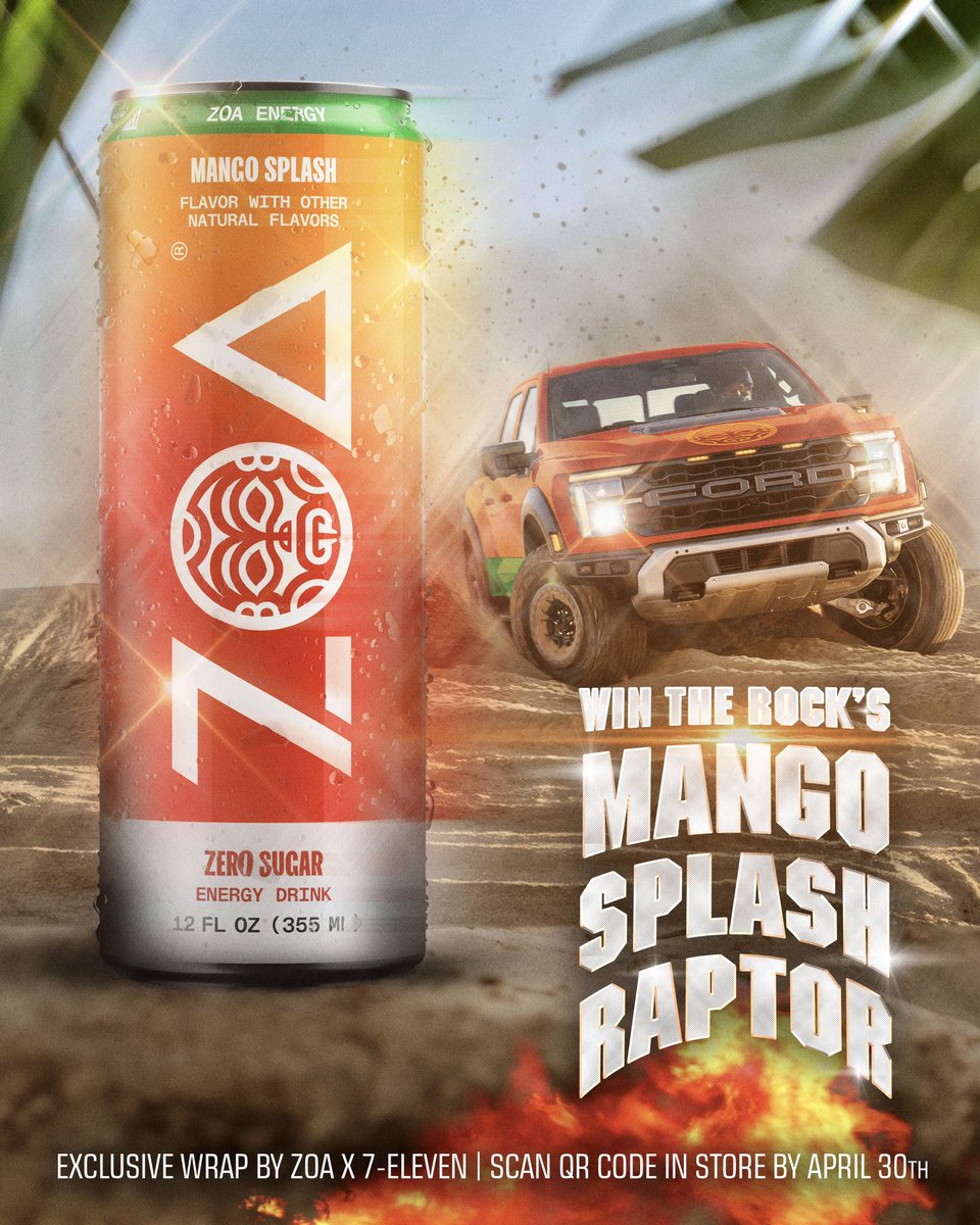 Yo I want you to WIN this insane brand new MANGO SPLASH WRAPPED FORD F-150 🛻🥭💦🔥 BIG DWAYNE ENERGY = BIG ZOA GIVEAWAY! To celebrate our @ZOAEnergy Mango Splash flavor, exclusively sold at @7eleven stores in the US, I’m giving away this - one of one - Ford F-150 Raptor Head