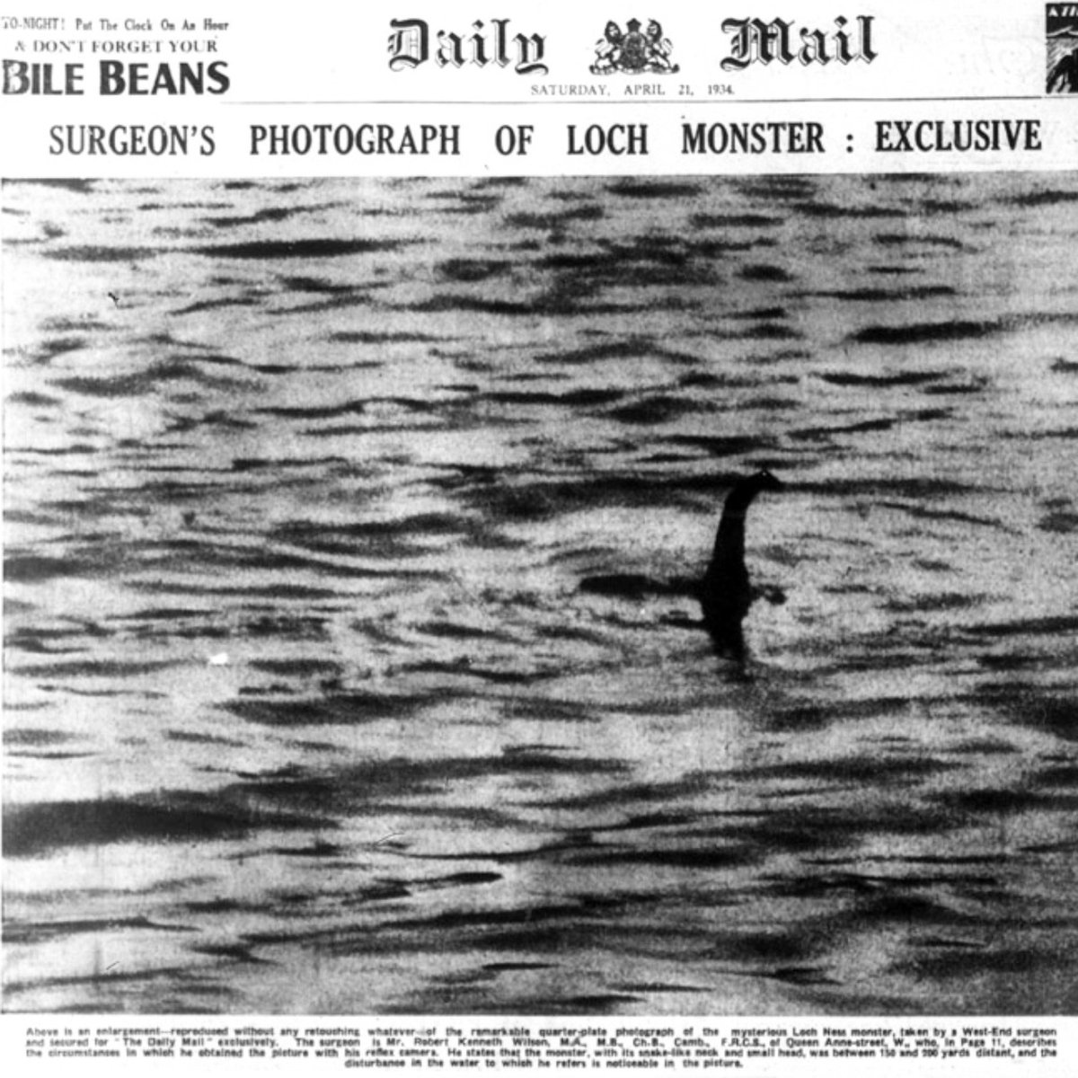 90 years ago today, Marmaduke Wetherell duped the Daily Mail into publishing a photo of a fake Loch Ness monster made by his stepson Christopher Spurling who finally came clean in 1994. Hoping @joelycett can erect statues of Spurling and Whetherell next to H from Steps