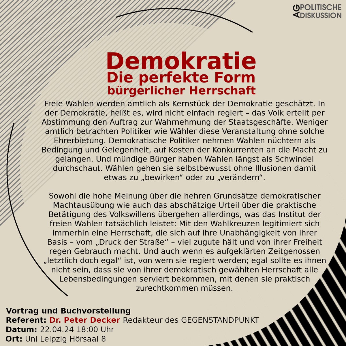 Vortrag &amp; Diskussion mit Peter Decker 22.4.24, 18 Uhr, Hörsaal 8, Uni Leipzig