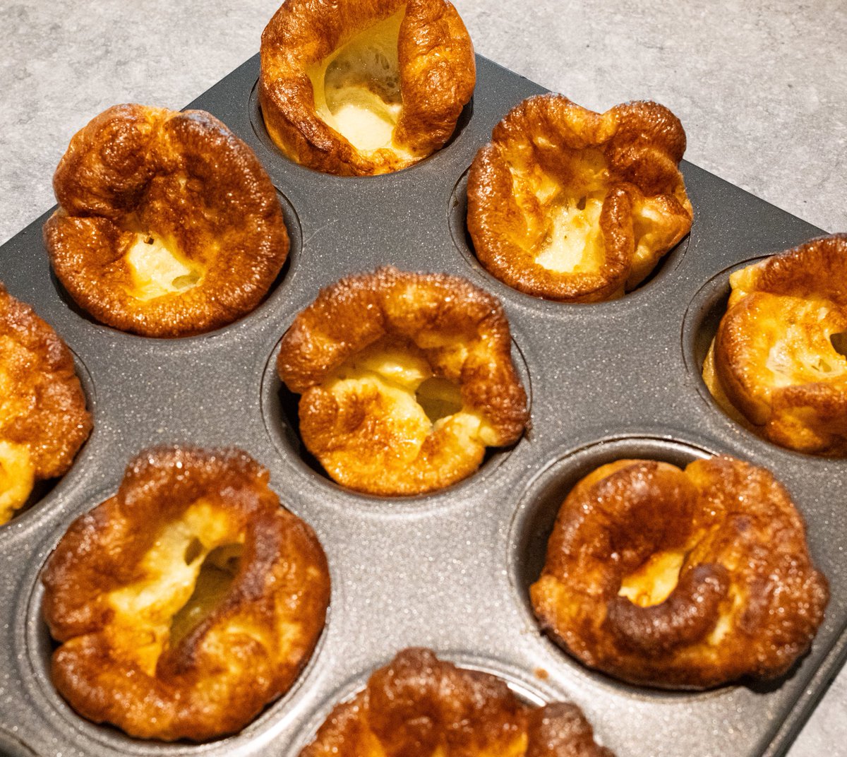 CulinaryEmpire's tweet photo. Golden and beautifully puffed! 
#yorkshirepuddings https://t.co/XivZexk6FD