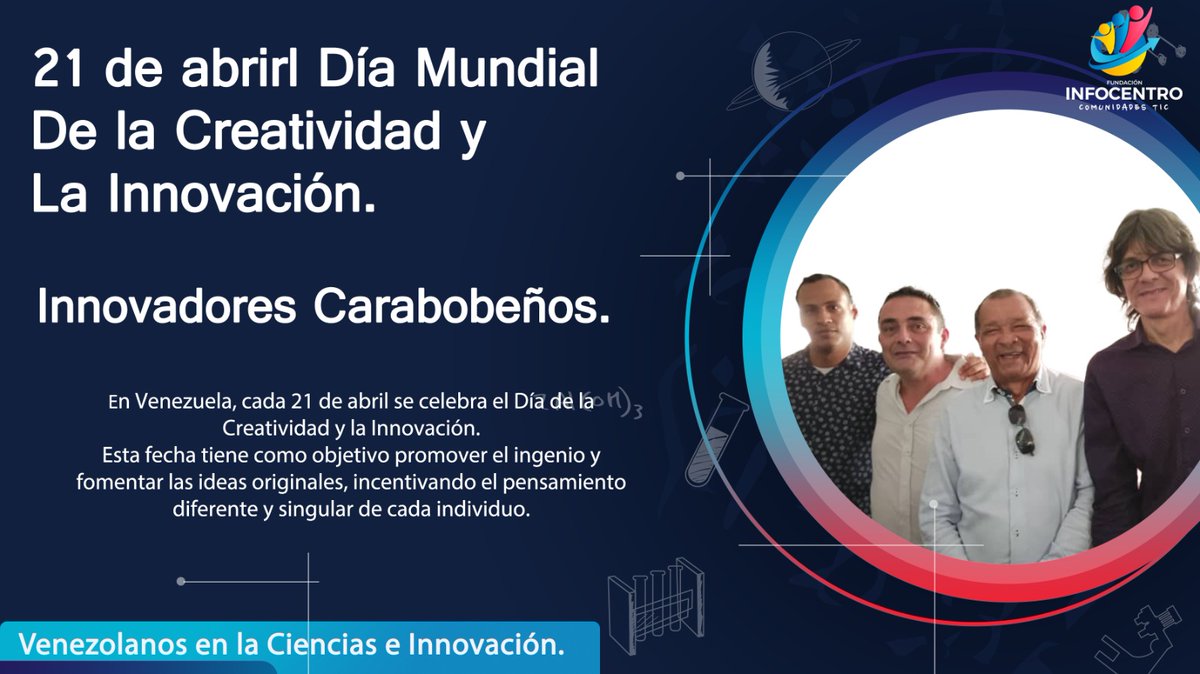 #21Abr 
En el Día del Innovador, aplaudimos a todos las mentes curiosas, a los que no temen al cambio y a los que transforman ideas en realidad.
#PoderPopularEnVanguardia #Innovación #Creatividad #Infocentro
<a href="/BrigadasCHCH/">Brigadas comunicacionales Hugo Chávez</a> <a href="/InfocentroOce/">Infocentro_Vzla3</a> <a href="/enunclicvlc/">caraboboenunclic</a> <a href="/UTCarabobo/">Fundacite Carabobo®</a>