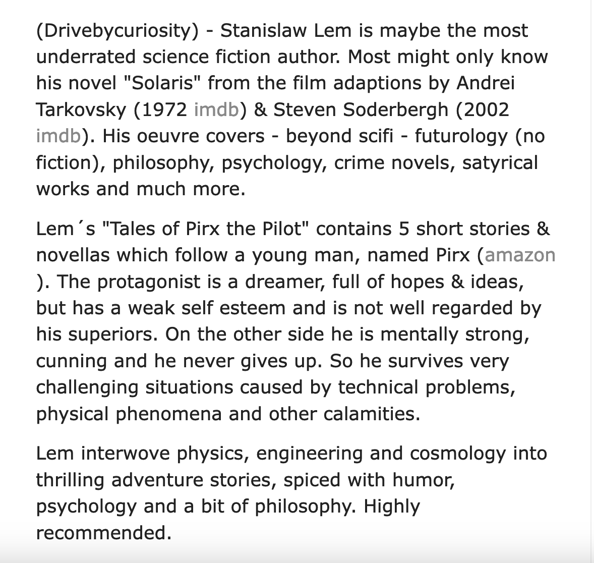 DrGem2015's tweet photo. #ScienceFiction: Tales Of Pirx The Pilot By Stanlislaw Lem
https://t.co/0XdAn3d0xJ
#bookreview #booktwitter #goodreads #scifi #stanislawlem #guardian #nytimes #latimes #shortstories #pirx https://t.co/sh3ZRuIc9L