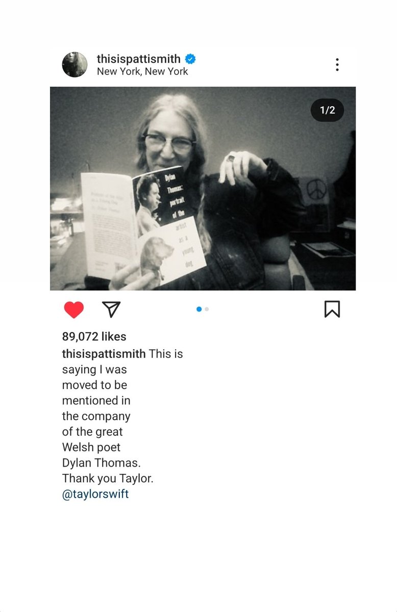 How wonderful is this! Thank you so much Patti! Fantastic that a new generation of @taylorswift13 fans are now discovering Dylan's writing, and Patti's music & creativity. #DylanThomas #PattiSmith