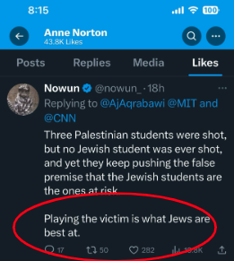 This is a UPenn professor, specifically the former head of the PSCI department. 'Playing the victim is what Jews are best at.' This type of language is appalling. The school has been notified about this for a while, yet, her course is still required for any PSCI majors...