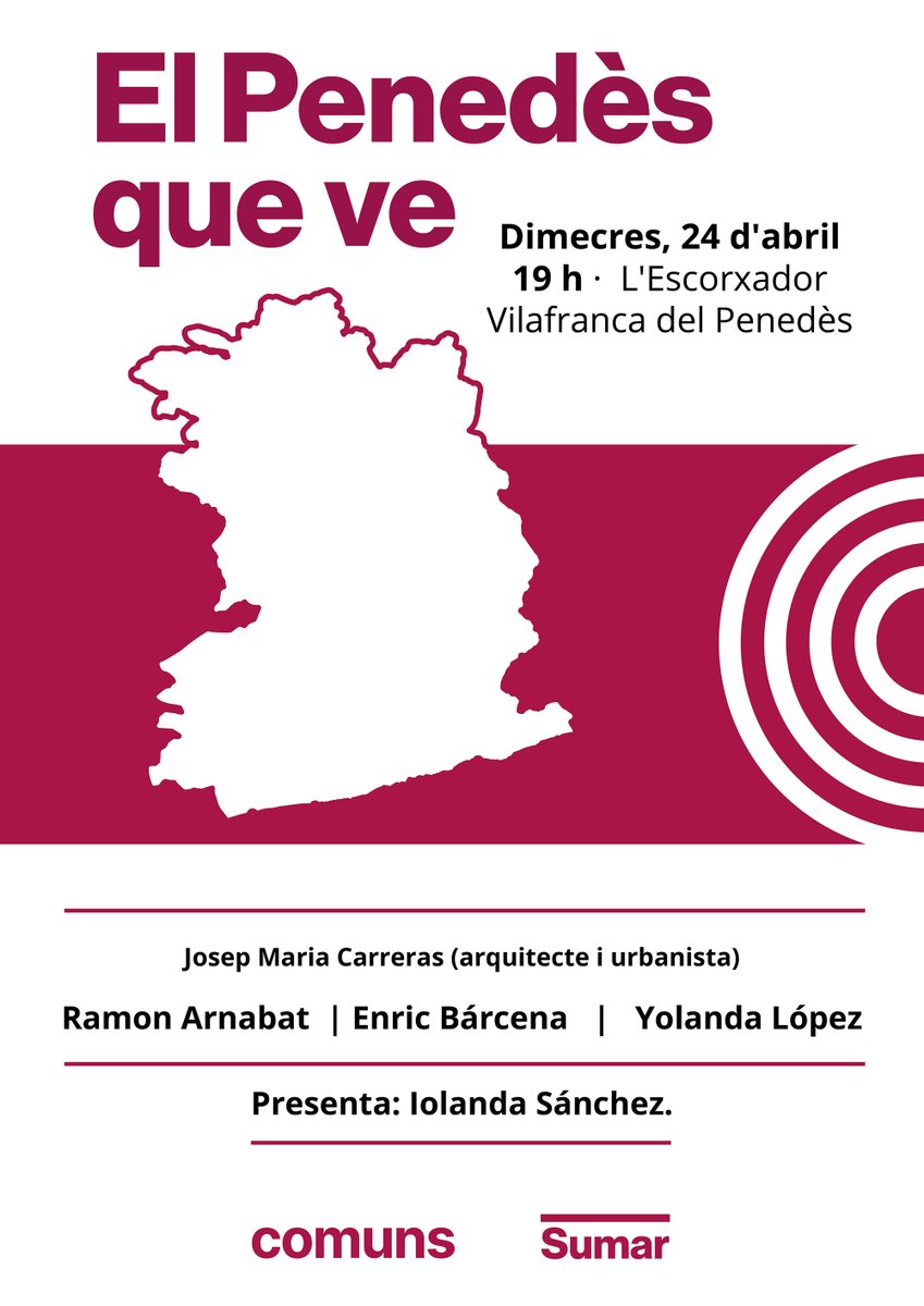 Dimecres 24A a les 19h a l'Escorxador de Vilafranca, els @PenedesEnComu organitzem un acte per conèixer el Pla Territorial del Penedès amb l'arquitecte-urbanista Josep M. Carrera i exposar les nostres propostes @vilafrancacomu @Yolanda_Lofer_ @iolandasanchez @EnricB_ @SomComuns