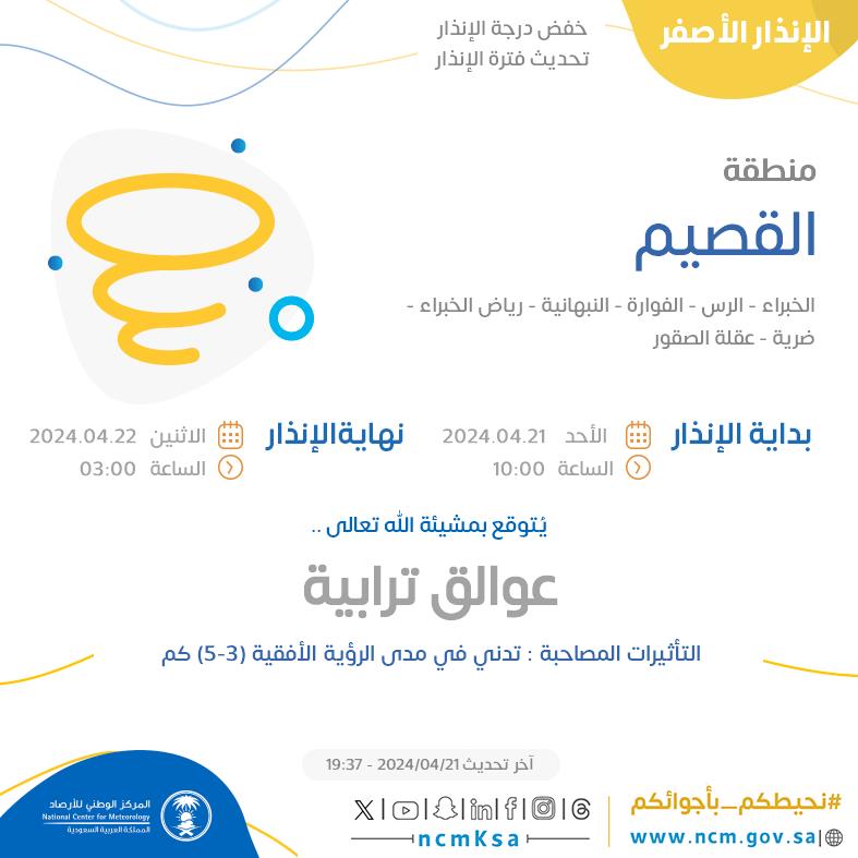 NCMKSA's tweet photo. الإنذار الأصفر - #منطقة_القصيم - #الخبراء #الرس #الفوارة  ...+3 

للتفاصيل  https://t.co/aObjIr7Q93 

#الإنذار_المبكر #طقس_السعودية
#المركز_الوطني_للأرصاد https://t.co/kyzBlEIla5