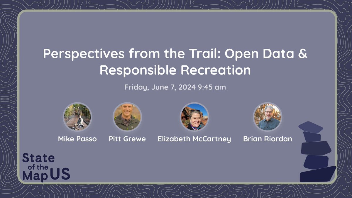 This year's #SOTMUS program includes 30+ outdoorsy sessions! Friday's plenary panel features panelists from @AllTrails, @onXmaps, @NatlParkService, @USGS, and @American_Trails discussing the future of #opendata and #responsiblerecreation. 🔗 buff.ly/3HgKLxP