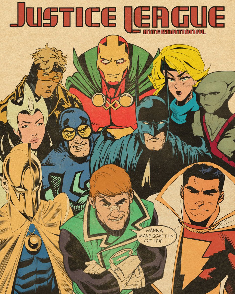 🪐THE JUSTICE LEAGUE INTERNATIONAL!🪐 Assembled some comic super friends to collab on a recreation of the iconic JLI cover by Keith Giffen! So proud of everyone's work, who's who in thread!🧵