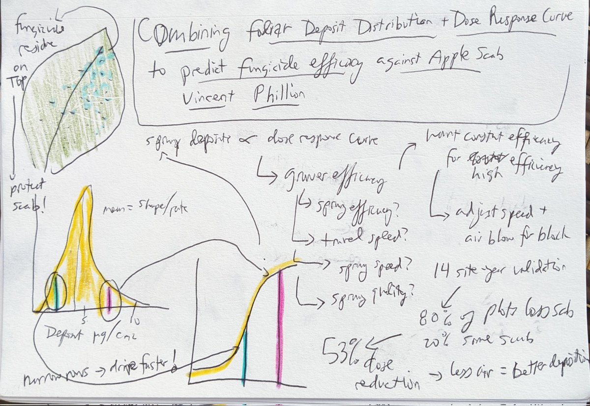 VERY cool work by @vincent_philion on how we need to think about fungicide deposition and dose response curves when we're doing modeling! I honestly just assume effective coverage when modeling, but having sprayed many crops that is DEFINITELY not true... #IEW13 #sketchnotes