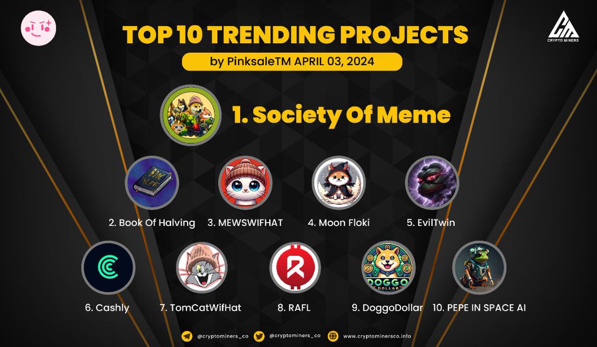 Adhi_Mevin's tweet photo. 🏆 TOP 10 TRENDING PROJECTS on #PinkSale 

🥇 $SOME - @SocietyOfMeme
🥈 $BOHAL - @Bookofhalving
🥉 $MEWSWIFHAT - @Mewswifhat
4️⃣ $MOONFLOKI - @MoonFlokiCoin
5⃣ $JUJU - @EvilTwinJUJU
6⃣ $CASHLY - @CashlyToken
7⃣ $TCATWIF - @TomCatWif
8⃣ $RAFL - @OfficialRAFL
9⃣ $DOGLAR - @DoggoDollar
🔟 $PISA - @AiPepeinspace

🟪 Source: @Pinkecosystem 

✅ Join us for more: https://t.co/6alMZqwKEb