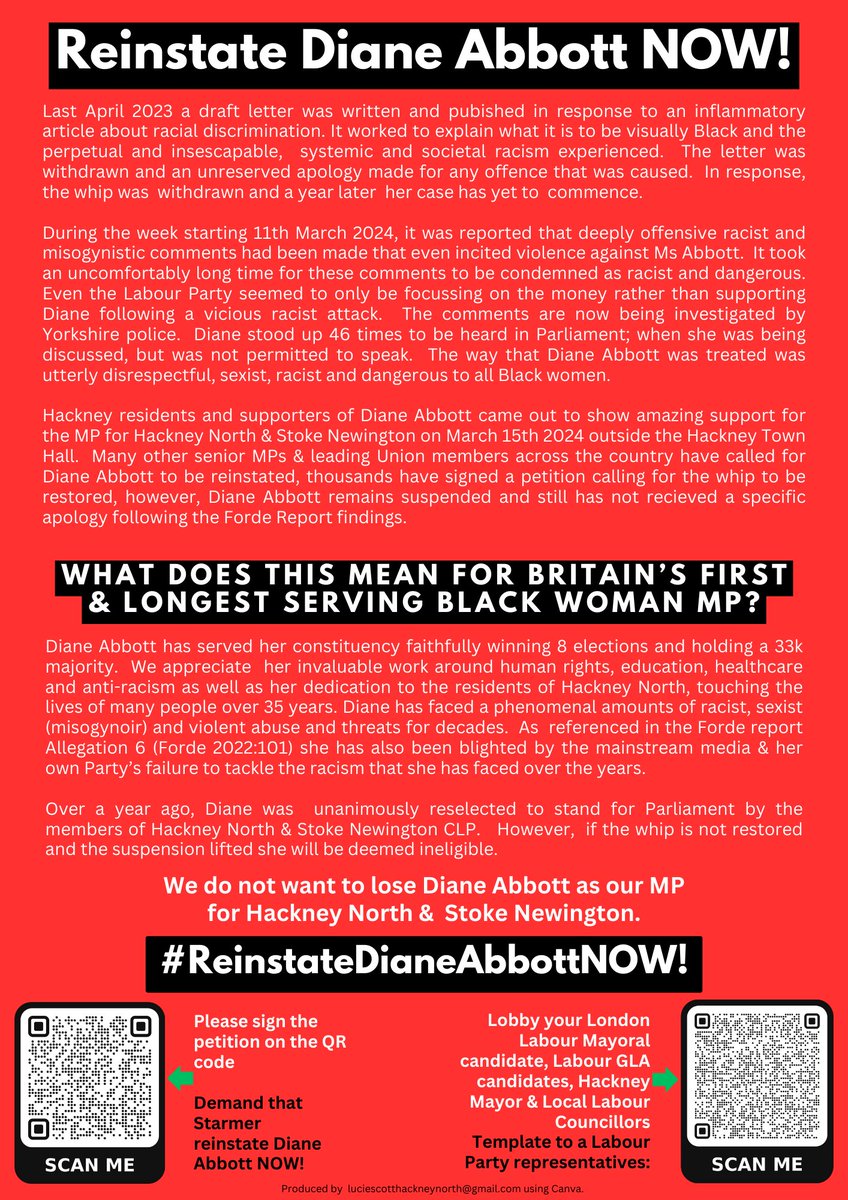 📢REINSTATE DIANE ABBOTT MP COMMUNITY RALLY 🌹 🗓️ Sunday 28 April 📍 Hackney Downs Park ⏰ 3pm Join us for this important Community Rally in #Hackney Downs Park, 28 April, 3pm. We say no racism, afriphobia & sexism #ReinstateDianeAbbott, the people's MP