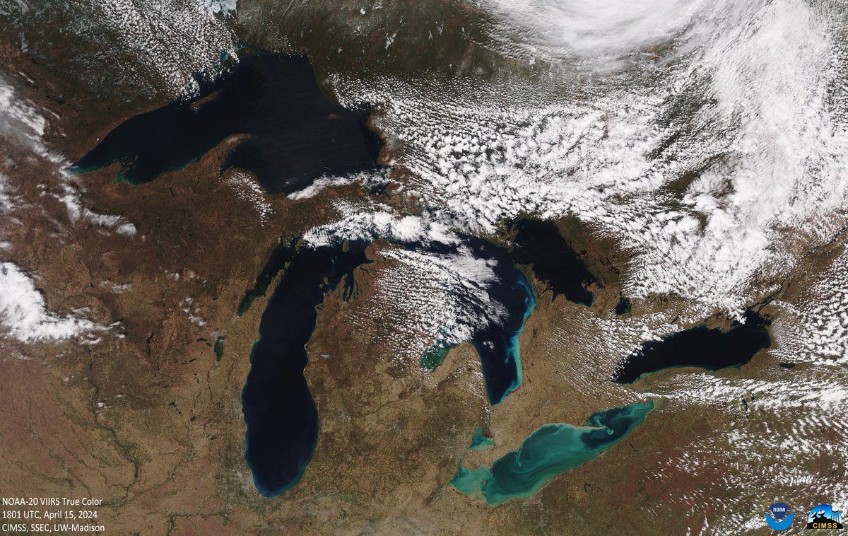 ICYMI - Here's a VIIRS view of the #GreatLakes from #NOAA20 acquired on April 15th. Fresh water gems under mostly clear skies. cimss.ssec.wisc.edu/viirs/imagery-…