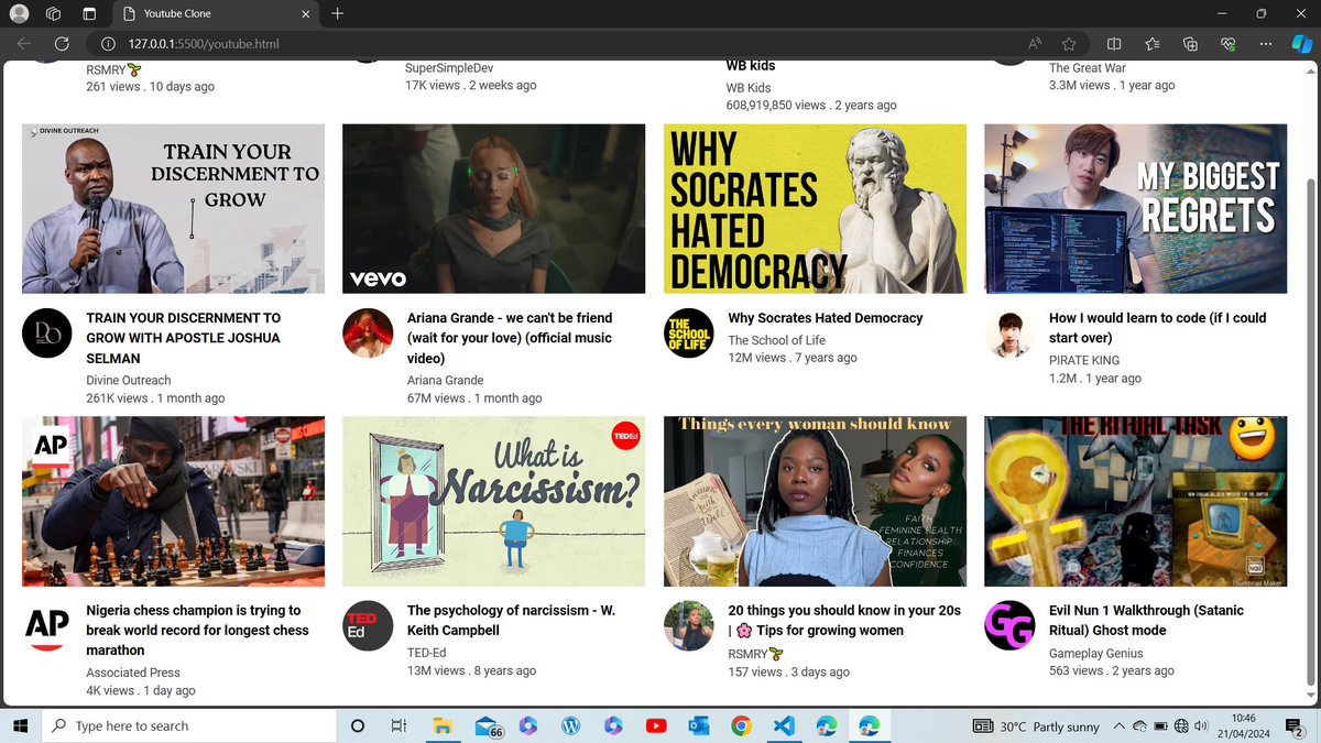 symply_esther1's tweet photo. Making progress on my YouTube clone with HTML and CSS 🚀. Still a work in progress, but excited about the journey. #webdevelopment #coding #CodingJourney  #YouTubeClone https://t.co/DWVHkVP614