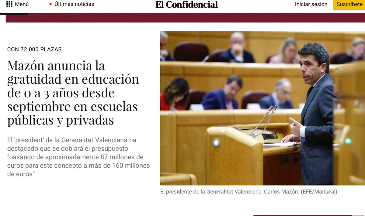 La educación infantil gratuita de 0 a 3 años gratuita en #CValenciana supone q el gobierno de @carlos_mazon_ invertirá 160 millones para 72.000 niños que recibirán: 👶 0-1 año; 460€ al mes. 🧒🏽1-2 años: 350€ mes. 👧🏻2-3 años: 300€ mes.