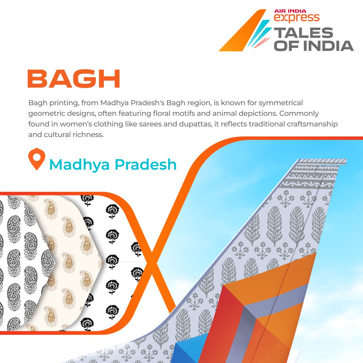 Explore the vibrant tapestry of India's artistic legacy with #TalesOfIndia! Adorning the tail of our VT-BXQ is the captivating Bagh, named after the historic Bagh region in Madhya Pradesh. This traditional hand-block printing style mesmerizes with its symmetrical patterns and